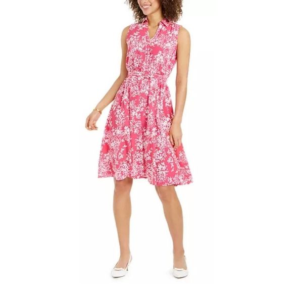 Charter Club Dresses & Skirts - Charter Club Belted Floral Print Shirt Dress Preppy Pink 14